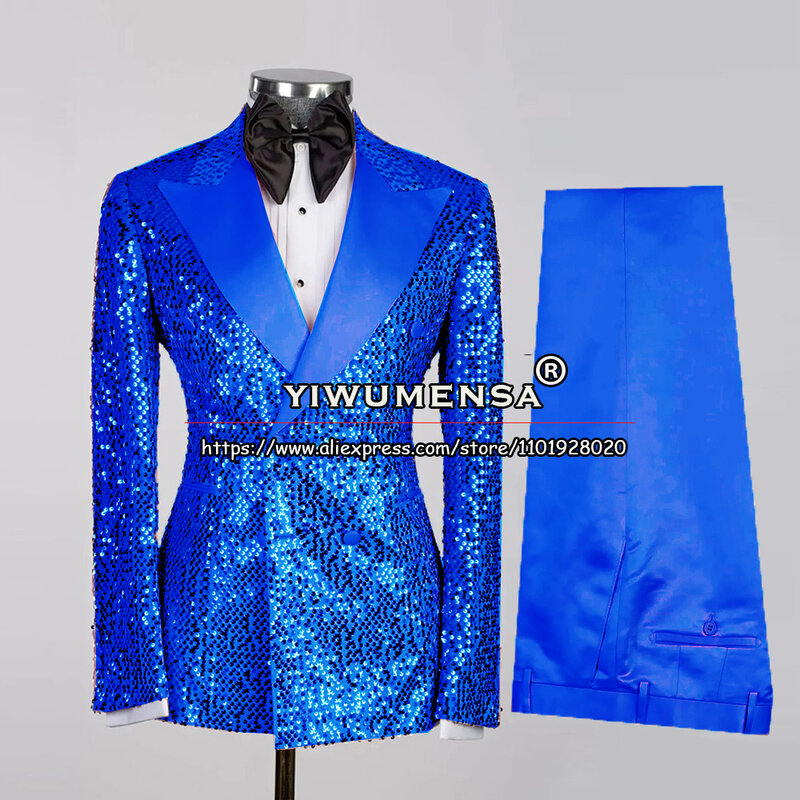 Male Gold Wedding Suits Men Formal Party Luxury Sparkly Sequined Blazer Double Breasted Jacket Pants 2 Pieces Groomsman Clothing