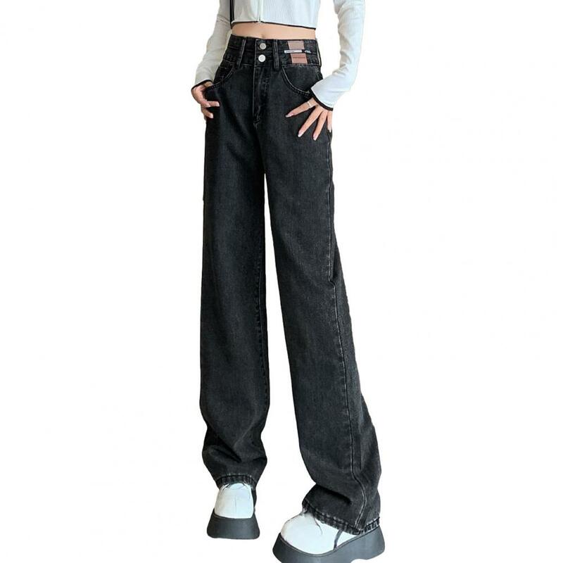 Celana panjang selangkangan wanita, Jeans pinggang tinggi kaki lebar, penutup ritsleting kancing longgar, panjang penuh