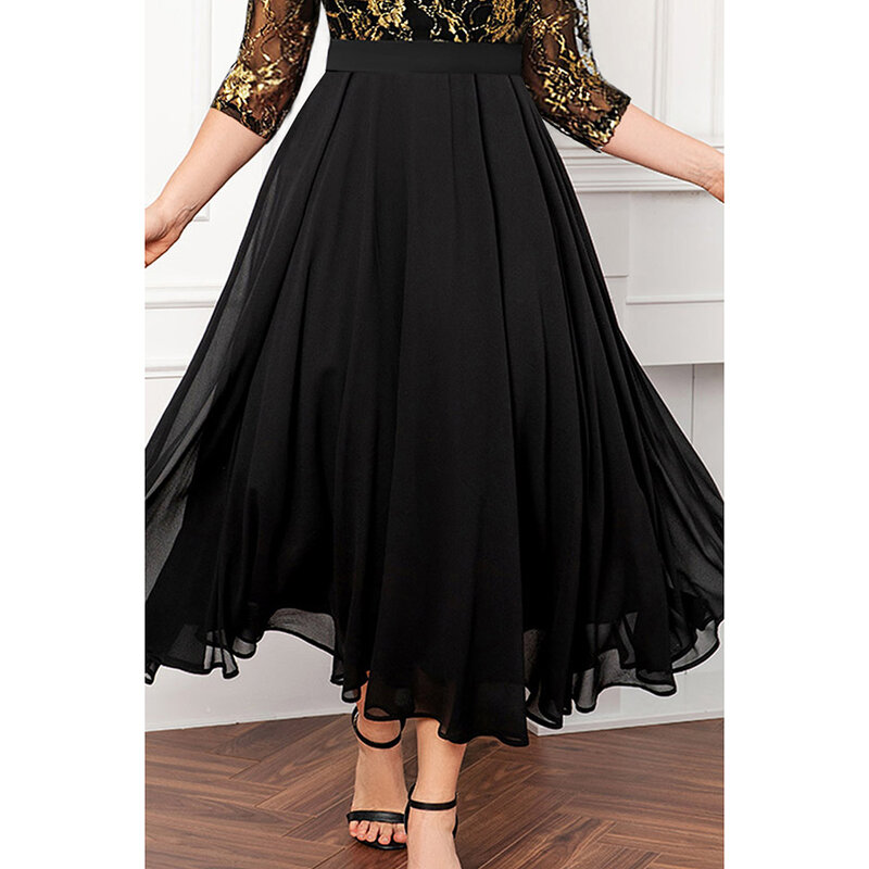 Dress ukuran besar teh tunik leher V, gaun hitam Formal jahitan renda cetakan perunggu