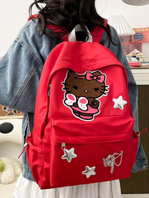 Mochila Sanrio Hello Kitty Millennium para menina, bolsa de ombro de grande capacidade, estrela prateada rosa, escola estética estudantil da moda, Y2K