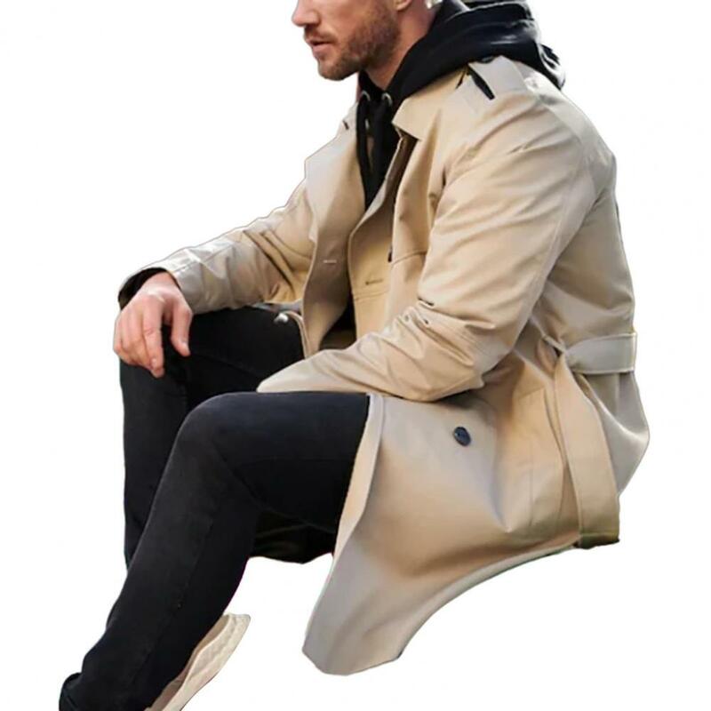 남성용 단색 바람막이 라펠 긴팔 더블 브레스트 포켓 벨트, 슬림핏 롱 코트 아우터, 가을 겨울