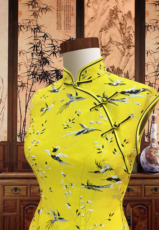 Robe en fibre modifiée rétro jaune chic de Chine, tempérament mince, peut porter