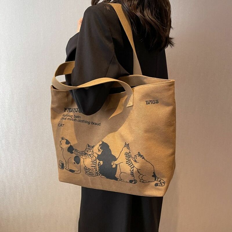 Animal Cat Tote Bag Elegant Large Capacity Canvas Japanese Style Letter Travel