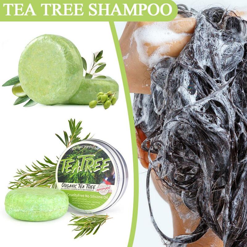 شامبو صلب طبيعي مصنوع يدويًا ، خلاصة شجرة الشاي ، شريط غسيل الشعر ، نبات أخضر ، 60 جم ، P0W3