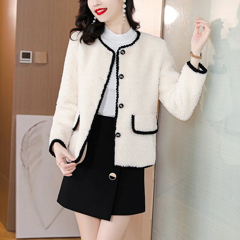 Abrigo corto de lana blanca para mujer, chaqueta holgada de cuello redondo con fragancia pequeña coreana, otoño e invierno, 2023