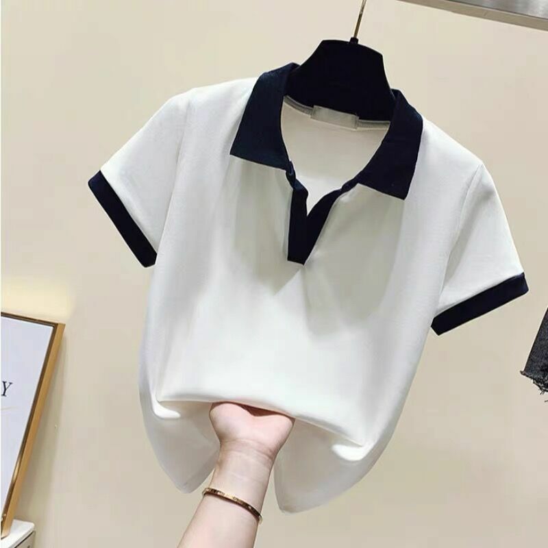 Summer New Pure Cotton Short Sleeved T-shirt for Women with Polo Collar Design Slim Fit and Versatile Short Top Clothes