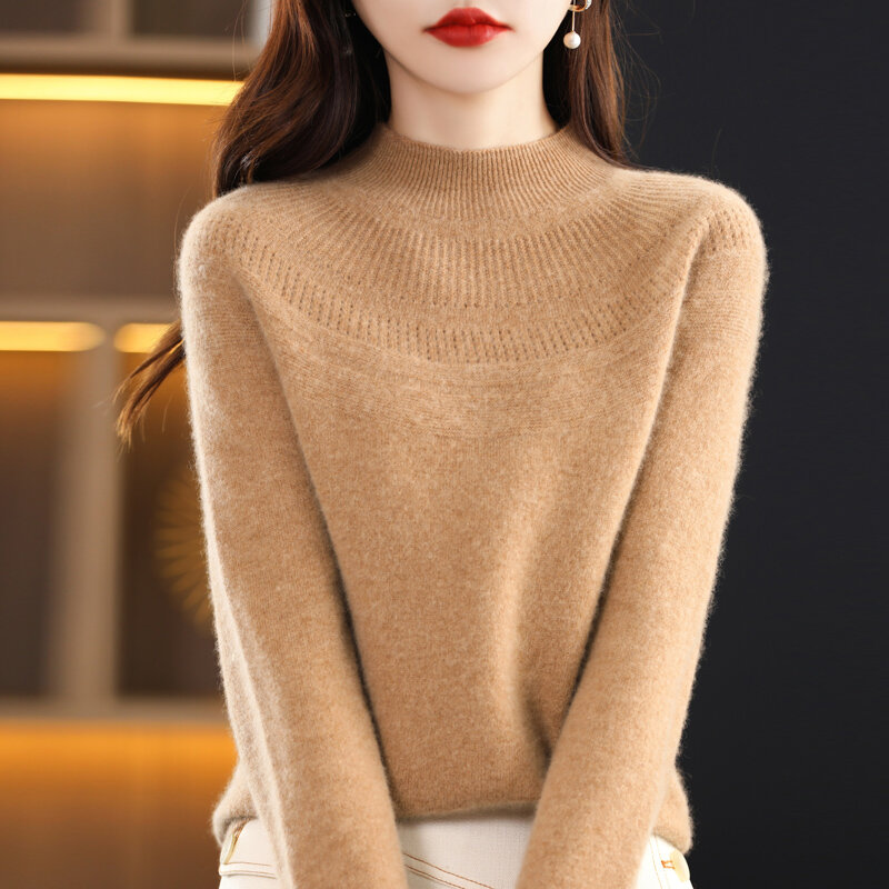 Cashmere Sweater Women 23 Autumn Winter Seamless Connection Half High Collar Pure Wool Knitting Pullover Hollow Loose Jumper Top