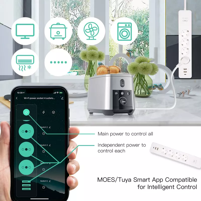 Смарт-удлинитель MOES WiFi EU Tuya, сетевой фильтр с 4 вилками, 2 USB-портами, 1 Type C, управление через приложение, Голосовое управление