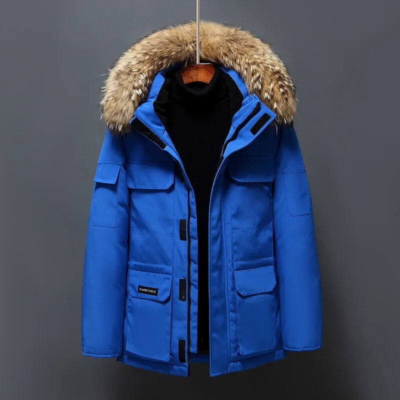 Men Winter White Duck Down Jacket Fur Collar Zipper Warmth Coat Windproof Hooded Pockets Thick Outerwear Mens
