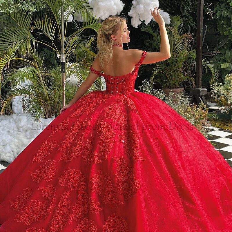 ชุดเดรสควินซีเนอร่าสีแดง2024ชุดเดรสหวาน16ชุดไปงานเต้นรำผ้าปิดไหล่ลายดอกไม้3D แขนกุดผ้าปะติดเสื้อ Vestidos de XV anos
