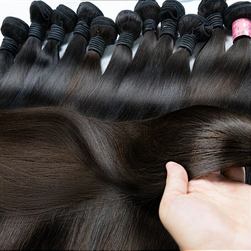 Fasci di capelli umani al 100% con chiusura fasci di capelli umani lisci brasiliani estensioni dei capelli umani di colore nero naturale capelli spessi