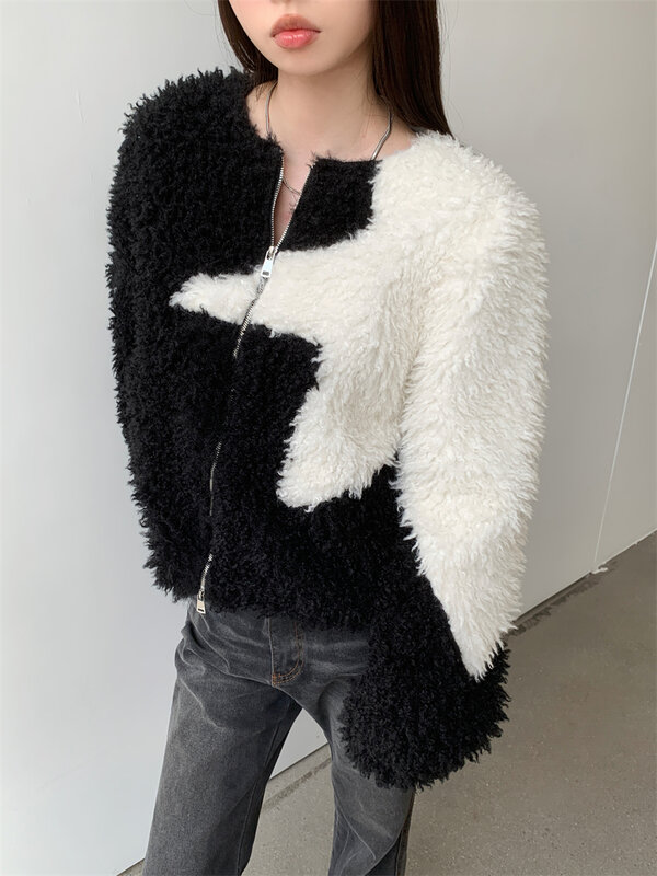 CHEERART Star Patchwork Fur Coat Women Winter Designer Fuzzy Jacket Korean Fashion Black Fluffy Coat Fashion Clothing