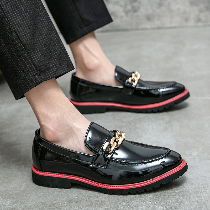 Fashion Lefu Shoes Men Shoes Round Toe Lacquer Leather Fashion Metal Buckle Casual Business Dress Shoes Black Red Size 38-48
