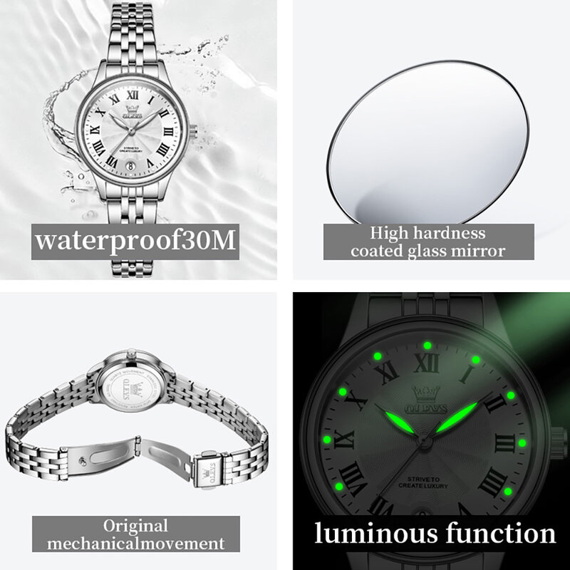 OLEVS-Reloj sencillo de acero inoxidable para mujer, pulsera de cuarzo elegante y exquisita con fecha, regalo de belleza