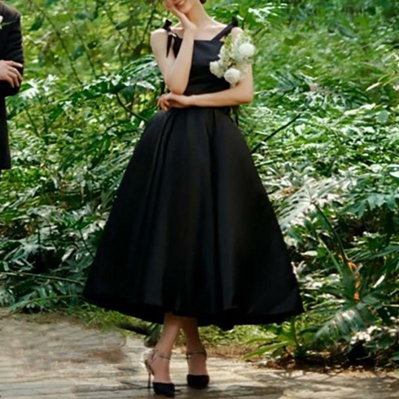 2024 New Satin Wedding Dress Korea Fashion Spaghetti Straps Vintage Square Collar Bridal Dress Black Sexy Backless Prom Dress