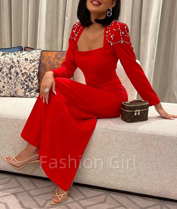 New Style Elegant Square Neck Crystal Prom Dresses Long Sleeves Back Split Arabia Evening Dresses Formal Occasion Party Gown