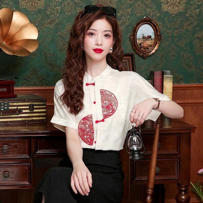 Шифоновая женская рубашка с вышивкой, летняя Цветочная блузка в китайском стиле, свободные женские топы с коротким рукавом, модная одежда YCMYUNYAN