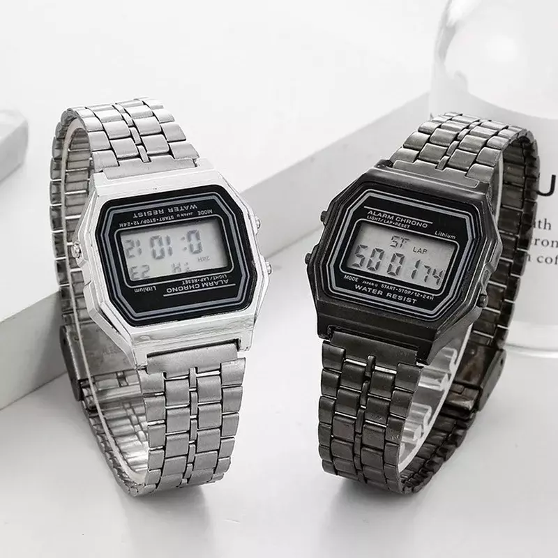 Luxus F91W Stahl Band Uhr Retro LED-Digital-Sport Military Uhr Elektronische Handgelenk Band Uhr Damen Männer Paare