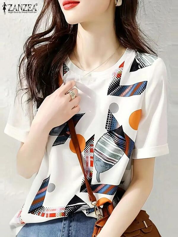 ZANZEA-Blusa de manga corta para mujer, camisa con estampado geométrico, holgada e informal, cuello redondo, 2024