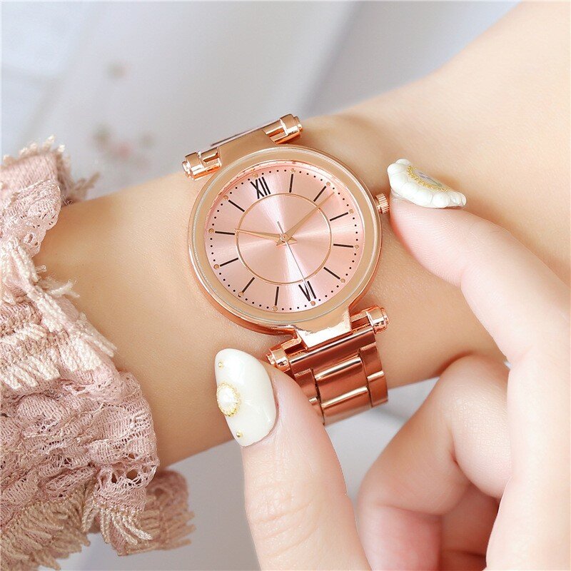 Женские кварцевые часы с ремешком из розового золота, со складной пряжкой