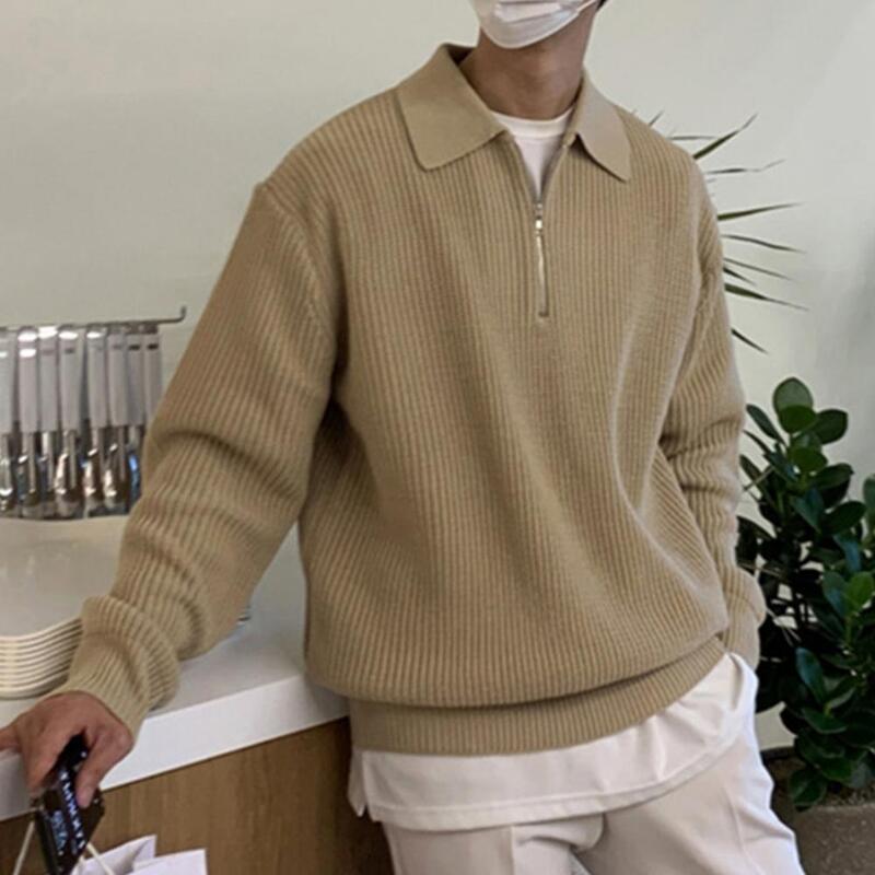 Men Sweater Stylish Men's Knitted Sweater Lapel Design Soft Warm Mid-length Casual Pullover for Fall/winter Versatile Men