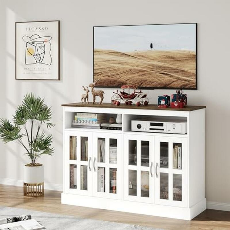 Farmhouse Buffet Cabinet com prateleiras ajustáveis, portas de vidro, aparador de armazenamento, design rústico, madeira resistente, cozinha Coffee Bar
