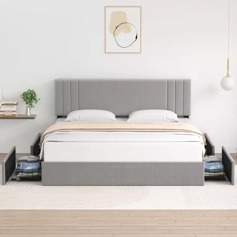 Rama łóżka, tapicerowane duże z 4 szuflady do przechowywania i regulowanym zagłówkiem, solidna podpora z desek, łóżko z pełnymi bokami rama łóżka