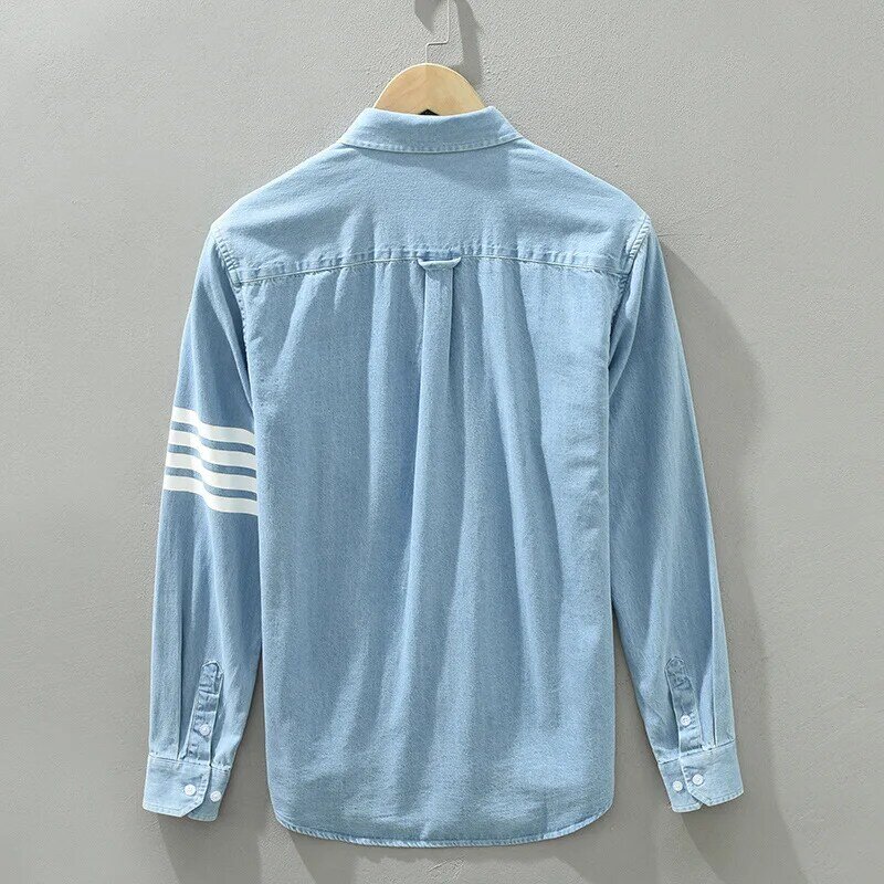 Camisa jeans de manga comprida Thom Browne masculina, roupa estilo coreano, cor sólida, moda casual, primavera, verão, novo, 2024
