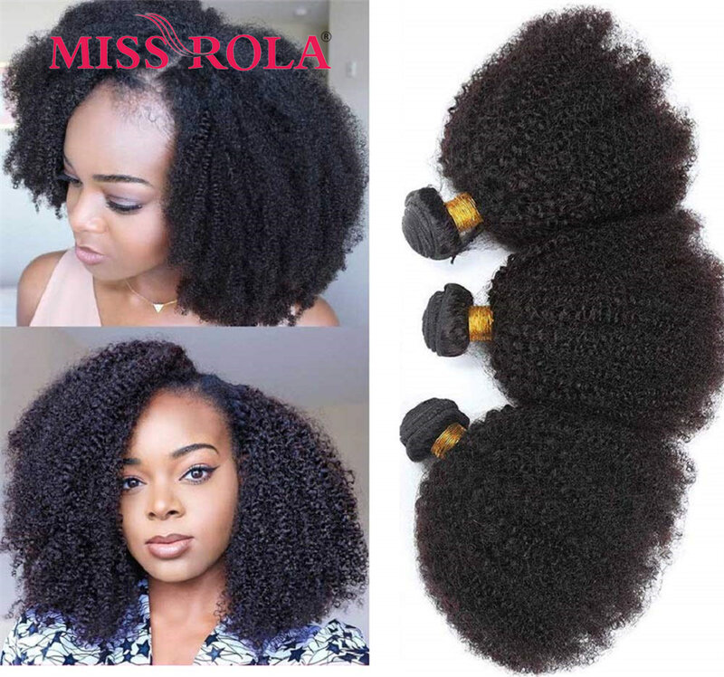 Miss Rola-Afro brasileiro Kinky Curly Hair Weave Bundles, 100% Cabelo Humano, Extensão Preto, Remy, Tramas Duplas