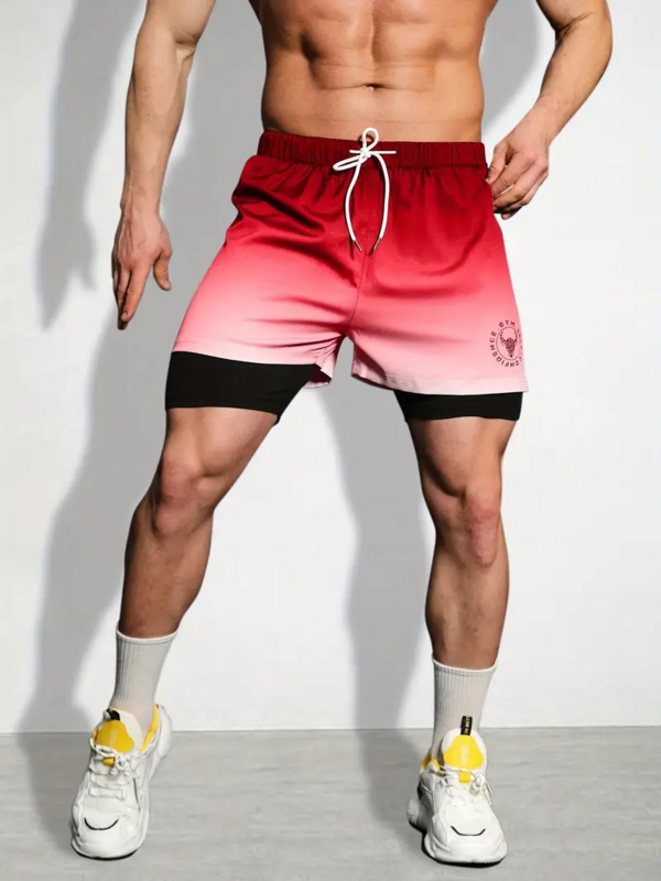 Celana pendek Ombre 2-in-1 lapisan ganda, celana pendek olahraga pria untuk latihan latihan latihan musim panas
