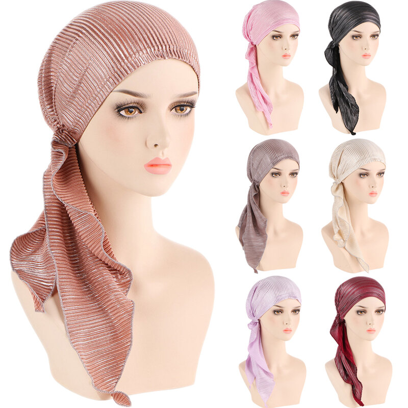 Lucido Glitter elastico tinta unita Pre-legato hijab avvolgere sciarpa testa turbante musulmano cofano per le donne cappello interno Turbantes Caps Mujer