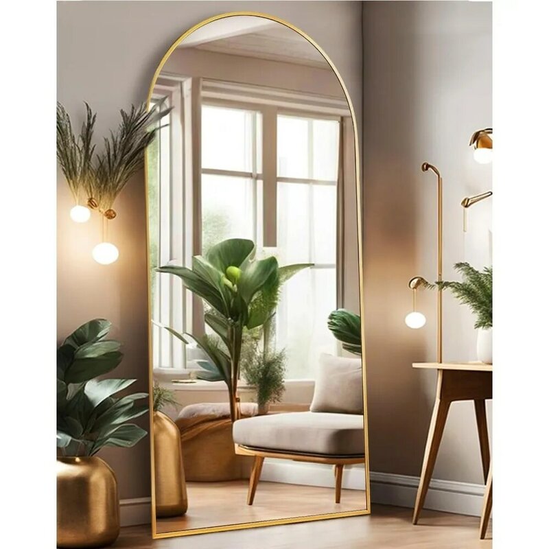 Specchio da pavimento, lunghezza intera r con supporto, parete ad arco 28 "x71" a figura intera, oro Freestanding, specchi da pavimento