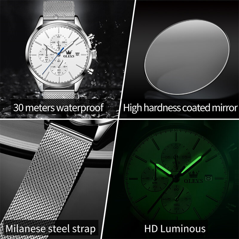 OLEVS 남성용 시계 크로노그래프, 실버 메쉬 벨트, 날짜 표시, 빛나는 방수 손목시계, 스포츠 쿼츠