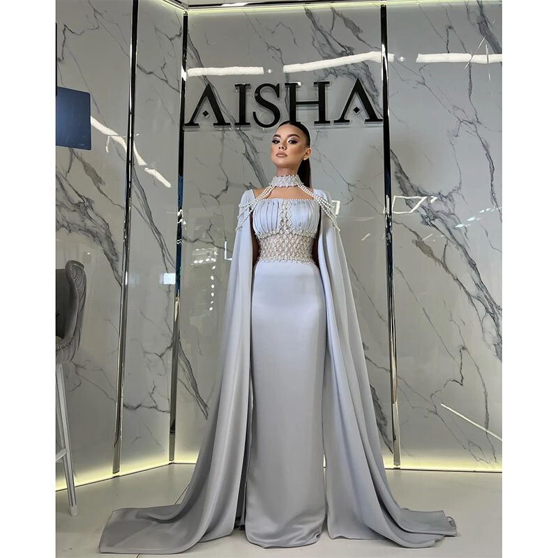 Zilveren Grijze Schede Avondjurken Elegant Met Parels Cape Kralen Prom Dress Arabic Qatar Moslim Formele Jurken Voor Vrouwen
