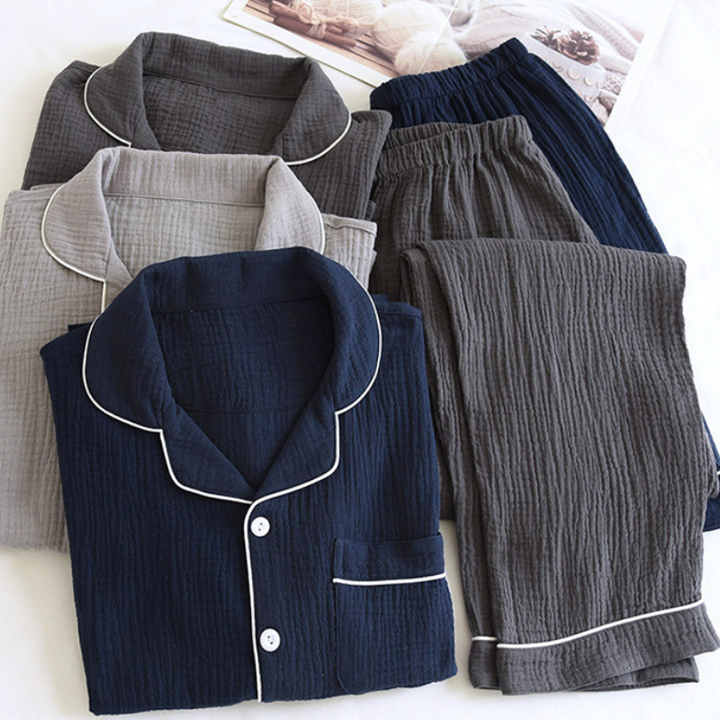クレープ-男性用の綿のパジャマ,ジャンプスーツ,二重層,長袖,超スリム,大きいサイズ,家庭用