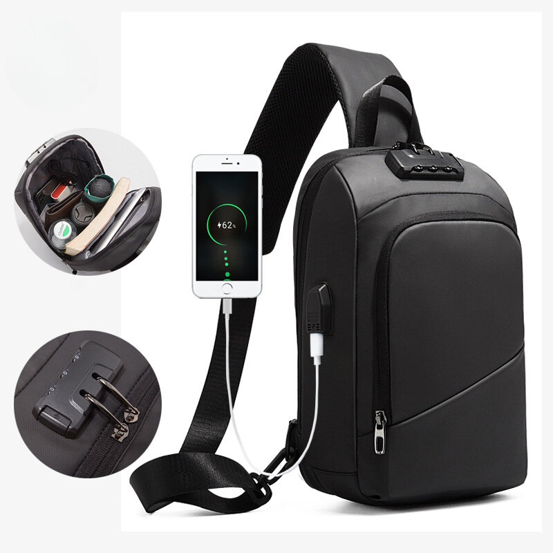 حقيبة كتف متقاطعة مع الجسم متعددة الوظائف للرجال ، حقيبة صدر ضد السرقة ، شحن USB عصري ، النمط الأوروبي والأمريكية