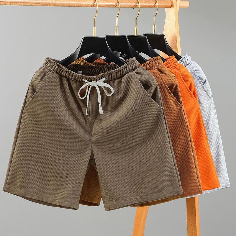 Shorts de cintura casual com cordão elástico masculino com bolso reforçado, costura sólida, bolsos para esporte de praia