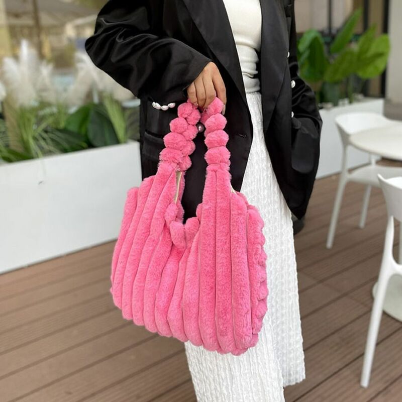 Large Capacity Plush Handbag Cute Coin Purse Korean Style Plush Tote Bag Lunch Bag Solid Color Plush Shoulder Bag Travel