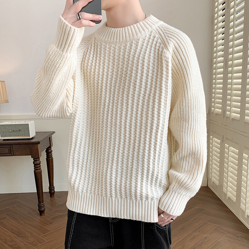 2024 męska jesienno-zimowa moda na co dzień swetry z okrągłym dekoltem męska solidny kolor sweter bluzka z długim rękawem dzianinowe swetry I751