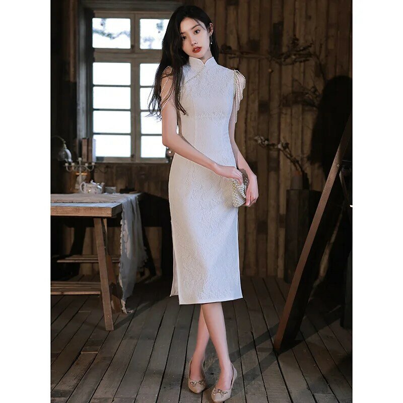 Vestido Cheongsam blanco de primavera, nuevo estilo, se puede usar para cumpleaños, compromiso, registro y vida diaria, 2024