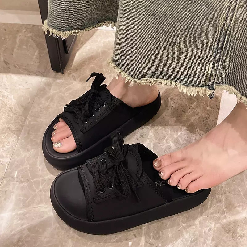 Zapatillas de suela plana para mujer, sandalias antideslizantes con cordones, estilo coreano, Academia de ocio, novedad de verano, 2024