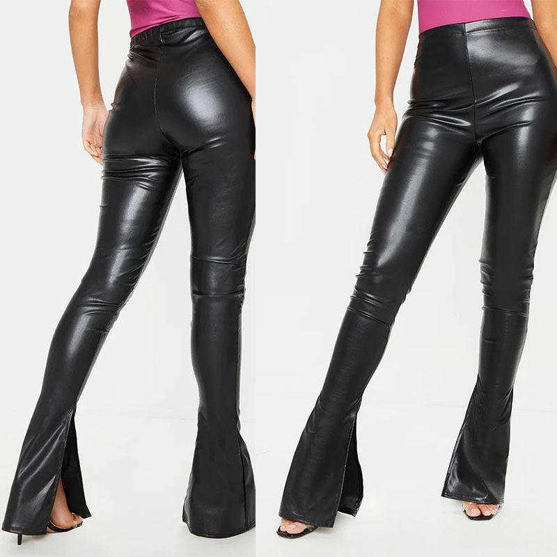 Spodnie erotyczne ze sztucznej skóry spodnie rozszerzane spodnie z wysokim stanem z wycięciem w stylu boothere spodnie damskie na co dzień