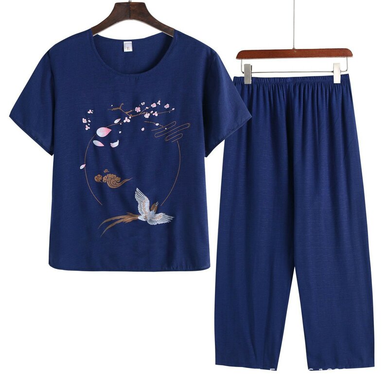 Conjunto de pijamas finos de verano para mujer, monos de maternidad, cuello redondo, manga corta, pantalones recortados