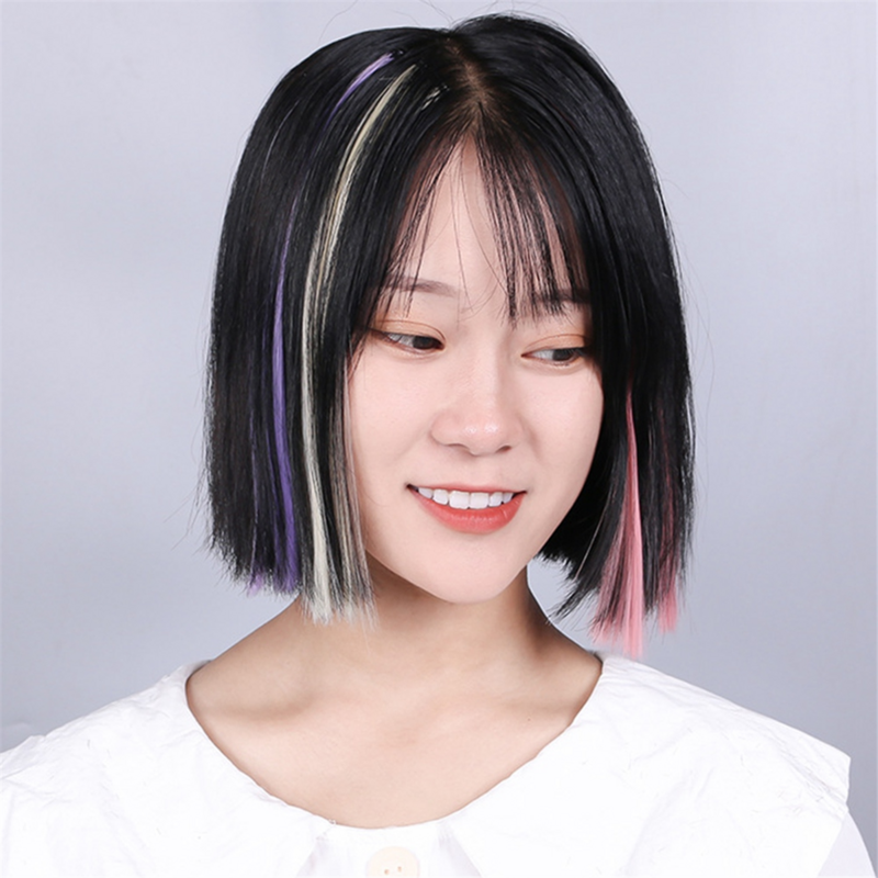 1 Set Rainbow Girl Highlighted Hair Extension Hairpin Long Straight Hair Clip Trimmable for Hair False Hair Blue to Grey