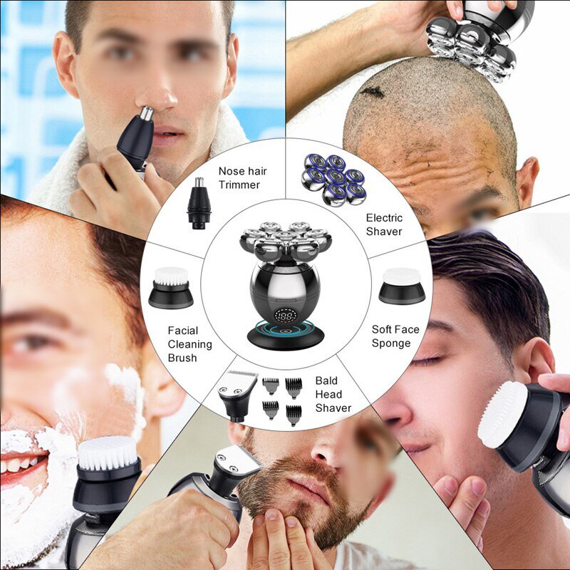 Barbeador elétrico portátil para homens Cortador Flutuante 7D Base de cabeça Aparador de barba à prova d'água para barbear o crânio