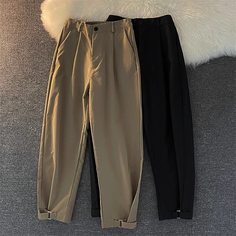 Calça masculina com zíper monocromático, calça formal de escritório, sociedade empresarial, moda coreana, reto, terno, H64