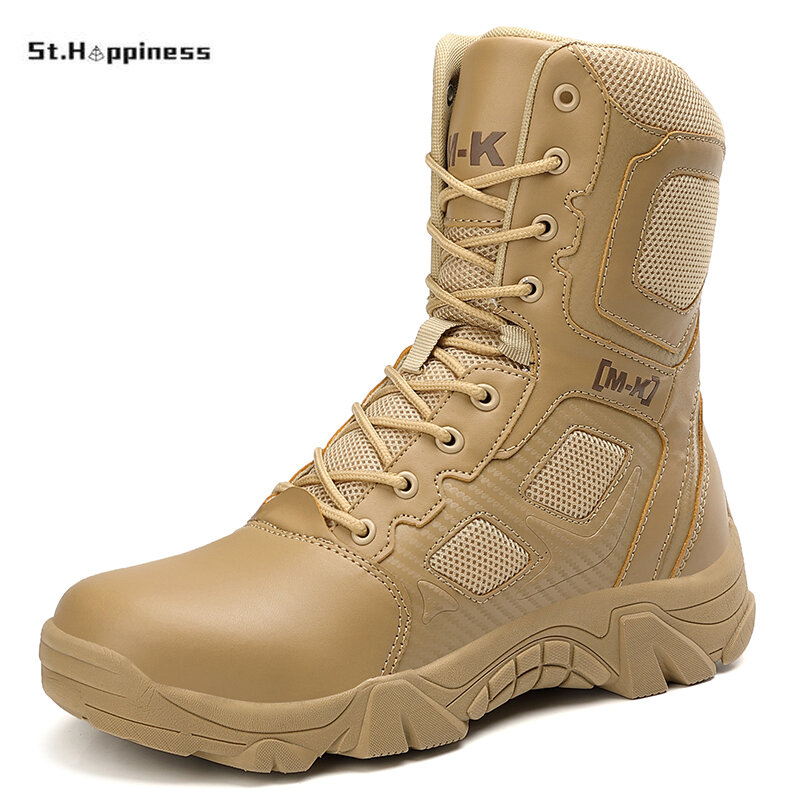 Bota de couro impermeável masculina, leve, tática, militar, força especial, deserto, sapatos de trabalho, exército de combate, tamanho grande, 2023