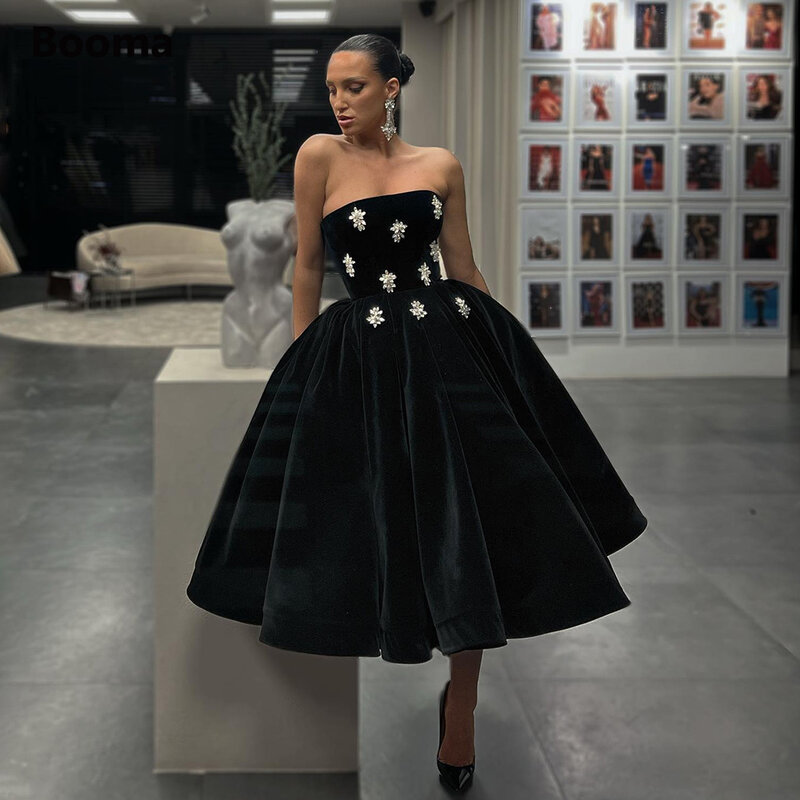 Booma-Black Velvet Vestidos A-Line, cristais sem alças, veludo plissado, vestidos de festa formais, Midi Prom, chá de comprimento, 2022