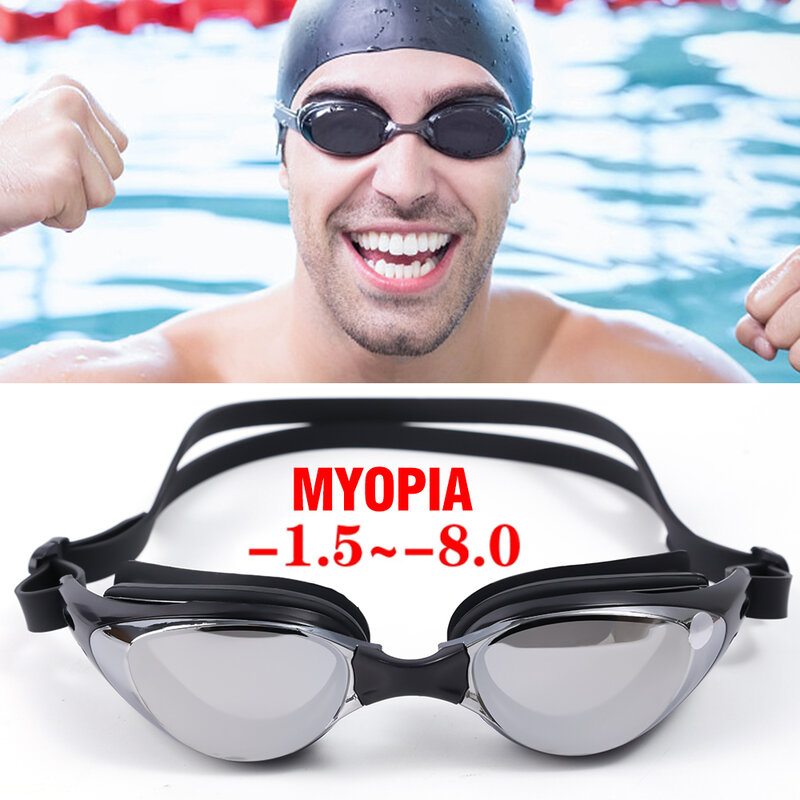 Gafas de natación para miopía, lentes impermeables antivaho, ajustables, de silicona, para hombre y mujer,-1,0 ~-9,0
