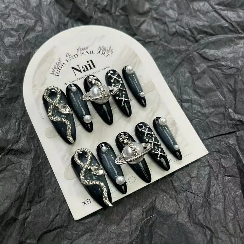 10 Stück drücken auf Nägel handgemachte wieder verwendbare selbst klebende Schlange dunklen Stil gotische Presse auf Nägel y2k Nägel Strass steine volle Abdeckung Nägel